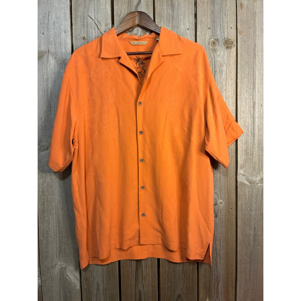 Tommy‎ Bahama Mens Orange 100% Silk Tropical Jacquard Camp Shirt T32077 M